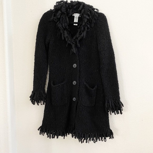 Nine West Sweaters - Nine West Long Fringed Cable Black Cardigan Button Pockets Wool Blend Size Small